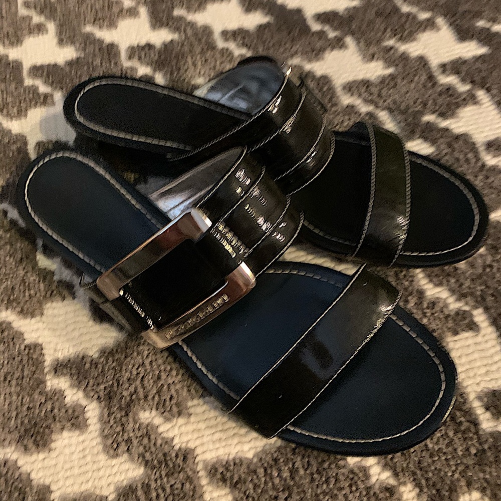 Enzo Angiolini Sandals Black Silver Buckle 8 Slip On Slides Everyday Classic